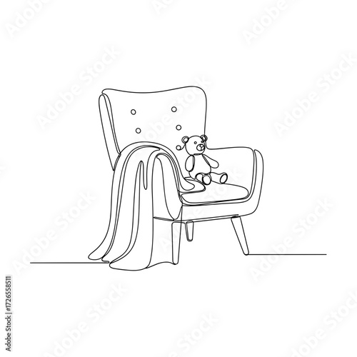 Armchair with teddy bear and blanket in minimalist line art style