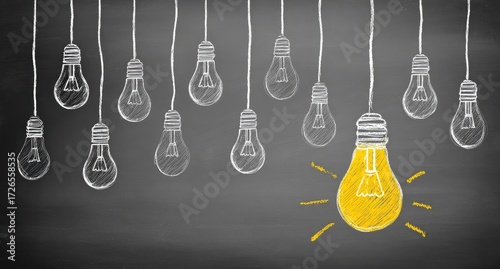 Chalkboard drawing of light bulbs; one stands out