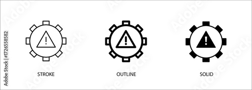 Gear icon with danger warning for engineering, maintenance, industry, fault. Editable vector stroke icon, outline and solid. Eps10 file.