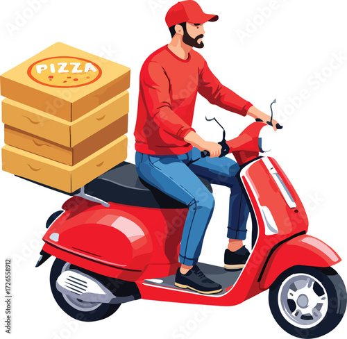 Pizza delivery rider on red scooter with boxes vector illustration for fast food and courier service