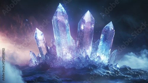 Glistening crystals in mystical landscape scenery.