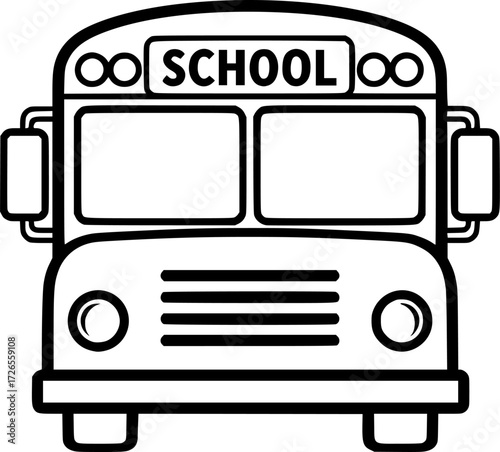 a black and white school bus, front view,  vector graphic 