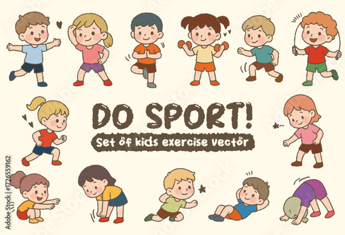 Set variety of flat cartoon kids character do different sport vector isolated on white background. Hand drawn style school child stretching exercise. Girl and boy in physical exercises. jump run