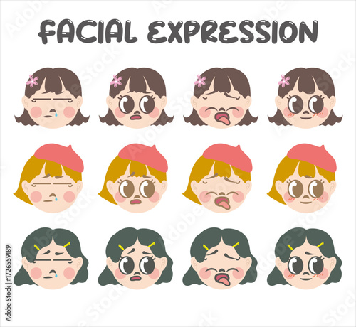 Cute girl head with variety funny facial expression vector set. Cartoon doodle style kids character emotion. Comic colorful boring calm surprise worry yuck female student face emoji collection. 