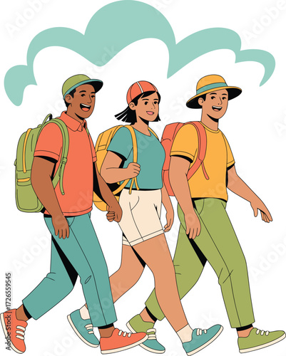 Three friends cheerfully walking together on an outdoor adventure