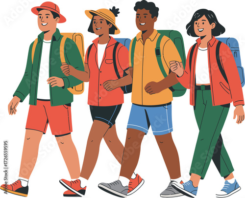 Diverse group of young people cheerfully walking with backpacks outdoors