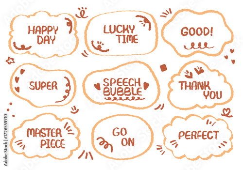 Comic style cute quote speech bubble with positive words. Set of hand drawn memo frame vector. Cartoon doodle crayon drawing cloud, box, message. Flat vector. Best, Awesome, WOW, Master, Piece, Go	

