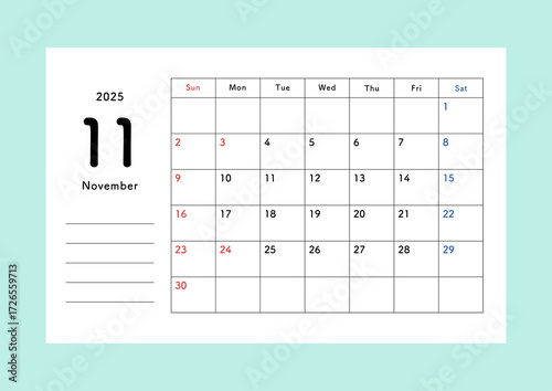 2025年11月カレンダー シンプル 