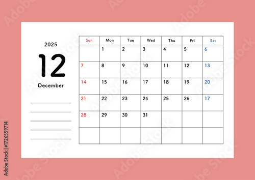 2025年12月カレンダー シンプル 