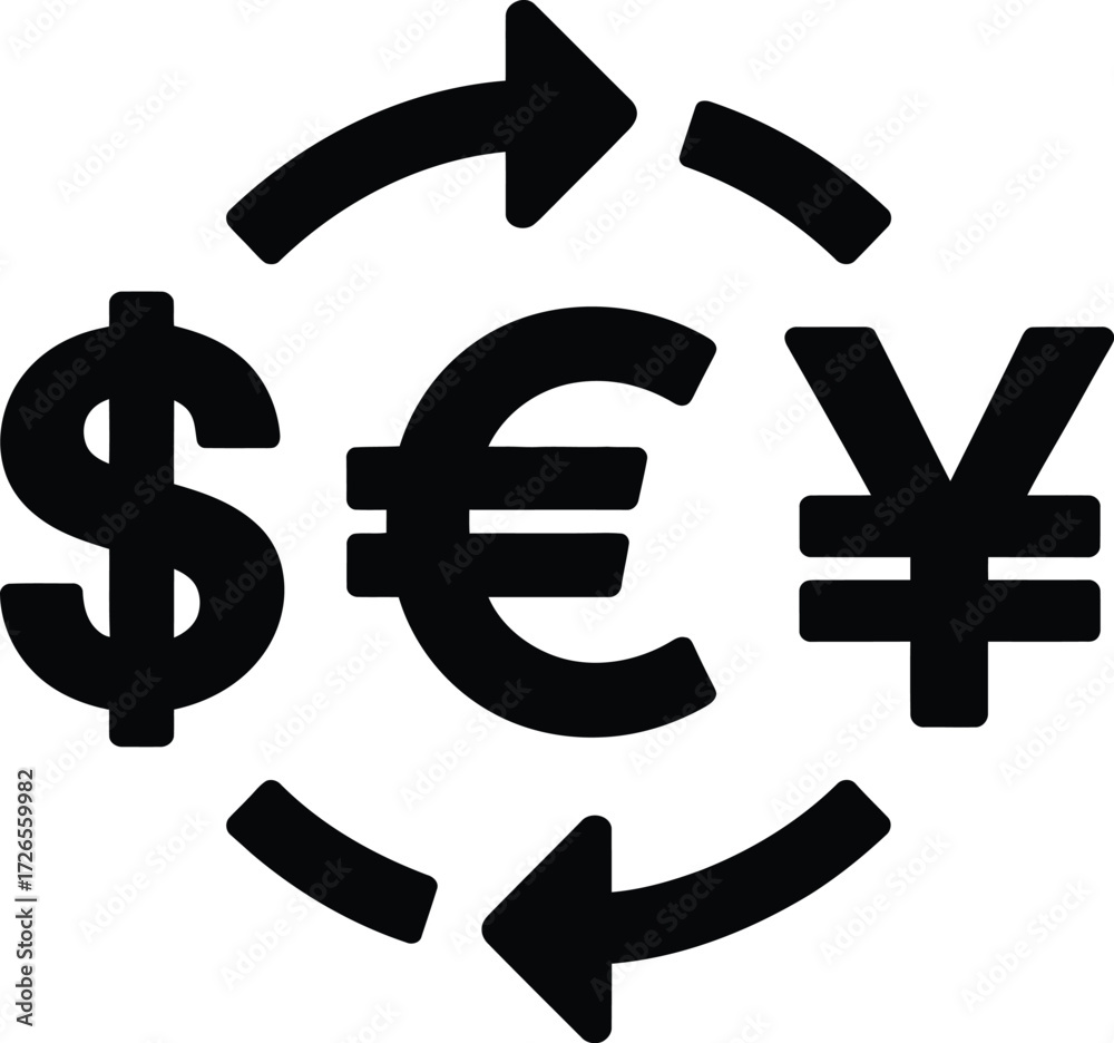 Fototapeta premium Global currency exchange symbol featuring dollar euro yen and arrows