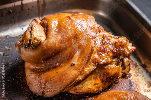 Photography Roasted pork knuckle with crispy skin