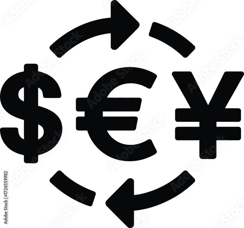 Global currency exchange symbol featuring dollar euro yen and arrows