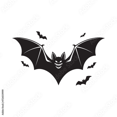 Vector art of scary bat with wings spread and small bats