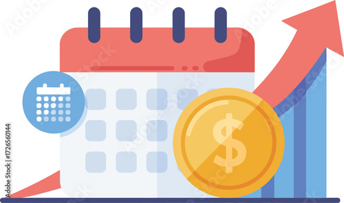 Time is money calendar and coin with rising graph illustration