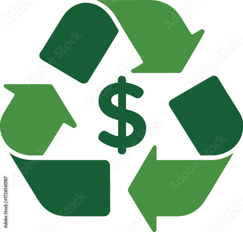 Green recycling symbol with a dollar sign in the center