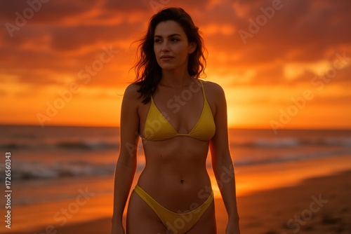Young Woman Wearing Yellow Bikini Standing on Beach at Sunset