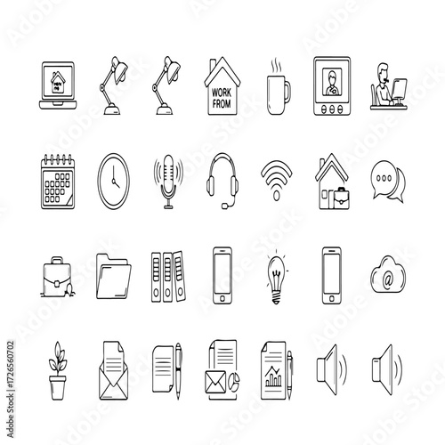 20 work-from-home icons—a collection of remote work and home office vector symbols with laptops, desks, communication, and productivity tools