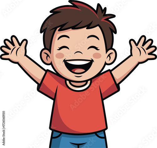Joyful cartoon boy with arms raised expressing happiness and excitement