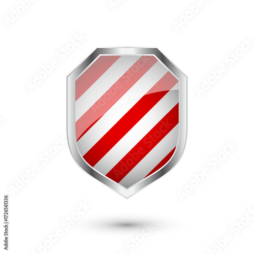 Glossy shield with red and black pattern. Security and protection concept. Cyber safety icons, internet privacy, web defense, digital data protection and antivirus themes. Vector illustration