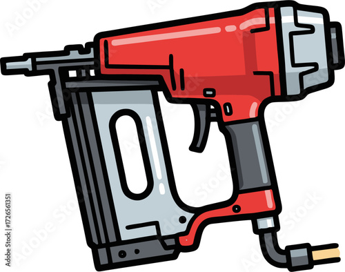 Bold Red and Gray Pneumatic Nail Gun with Detailed Cartoon Outline