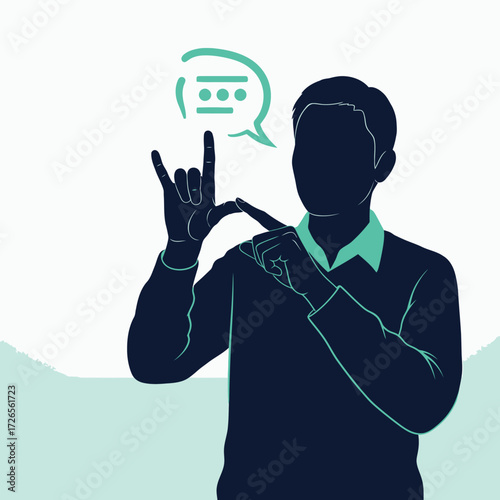 Man communi.epses using sign language with a speech bubble icon symbolizing dialogue and connection