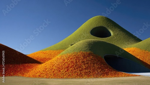 A landscape-style building covered in grass and flowers.  Rolling hills of vibrant green and orange/red, with dark openings.  Clear blue sky