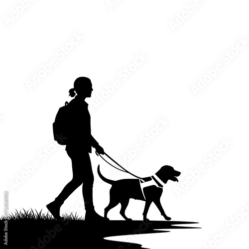 Person walking a dog on a leash outdoors with grassy foreground and clean white background, capturing companionship and outdoor activity.