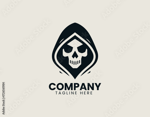 Dark stylized vector logo illustration of a grim reaper skull in a hooded cloak. Gaming and Macabre concept