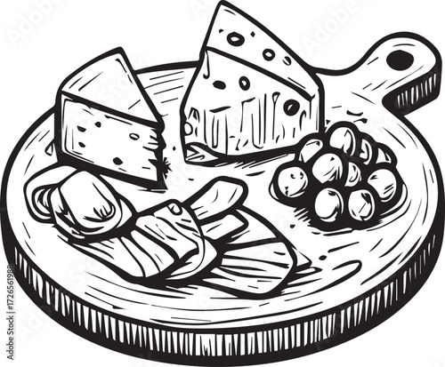 vector illustration of charcuterie board with cheese, appetizer, ham, olives, restaurant, tapas, spanish food