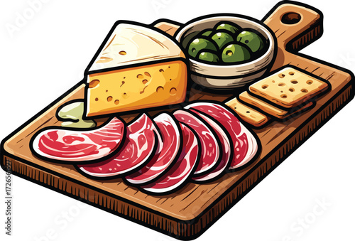 vector illustration of charcuterie board with cheese, appetizer, ham, olives, restaurant, tapas, spanish food