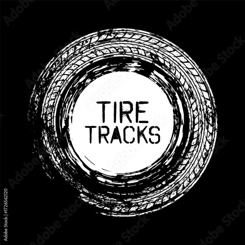 Grunge circle tire track, wheel braking mark. Truck, car or motorcycle tread pattern silhouettes. Auto race, motorsport, speed racing design element. Vector illustration