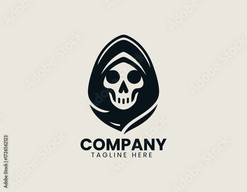 Dark stylized vector logo illustration of a grim reaper skull in a hooded cloak. Gaming and Macabre concept