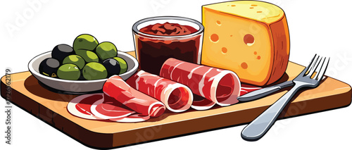vector illustration of charcuterie board with cheese, appetizer, ham, olives, restaurant, tapas, spanish food