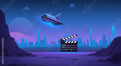 A vibrant flat design illustration blending a futuristic cityscape with elements of cinema, representing the science fiction genre prominent at the Sitges Film Festival. 