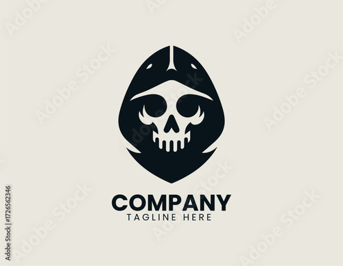Dark stylized vector logo illustration of a grim reaper skull in a hooded cloak. Gaming and Macabre concept
