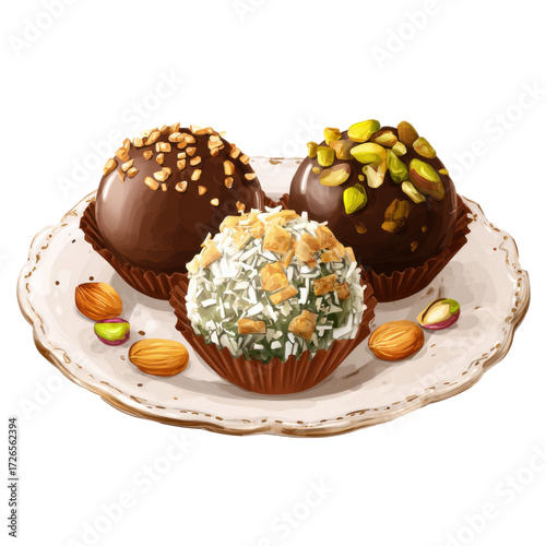 Charming vector illustration featuring three brigadeiro chocolate truffles on a plate. Each ball is rolled in toppings like chocolate sprinkles, choAssorted Brigadeiros Brazilian Chocolate Sweets on P