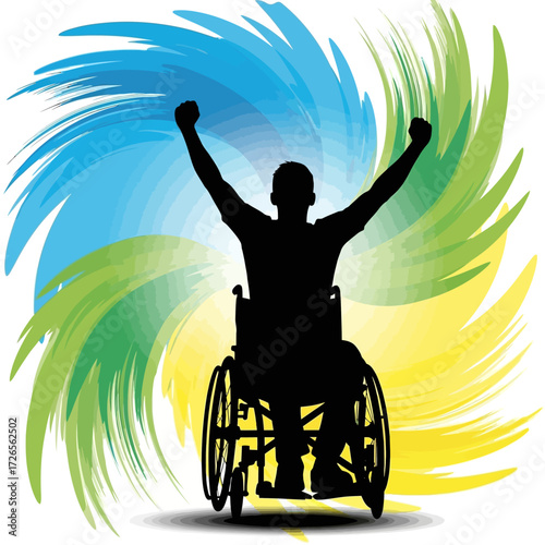 Triumphant silhouette of a person in a wheelchair raising arms in victory against a vibrant, swirling abstract background symbolizing achievement and overcoming challenges.