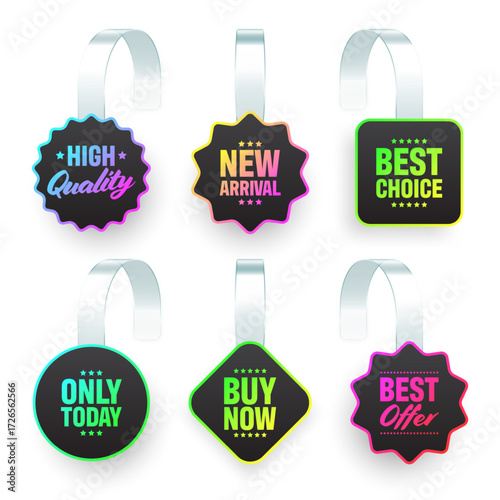 Colorful neon supermarket promotional wobblers. Realistic wobbler template for shelf advertising. Sale or discount label with ad text. Special offer price tag. Vector illustration