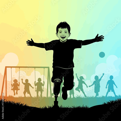 Joyful boy with prosthetic leg running happily at the playground with other children playing, embracing life and celebrating diversity and inclusion