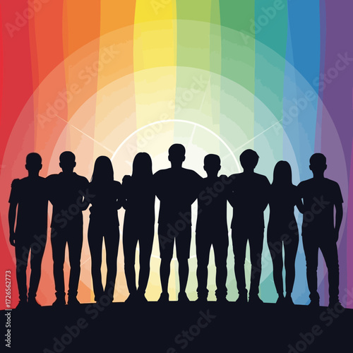 Celebrate diversity and inclusion with a group of young people silhouetted against a vibrant rainbow spectrum, perfect for Pride month marketing campaigns