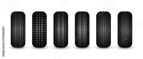 Rubber tires silhouettes. Car, truck, and motorcycle wheels, tread pattern designs. Perfect for automotive, racing, and motorsport themes, repair service and transport industry. Vector illustration