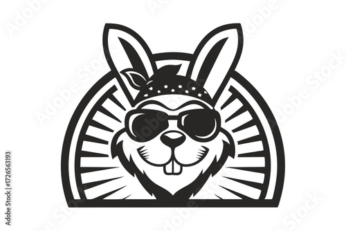 A rabbit head wearing sunglasses and bandana looks cool in this black monochrome image