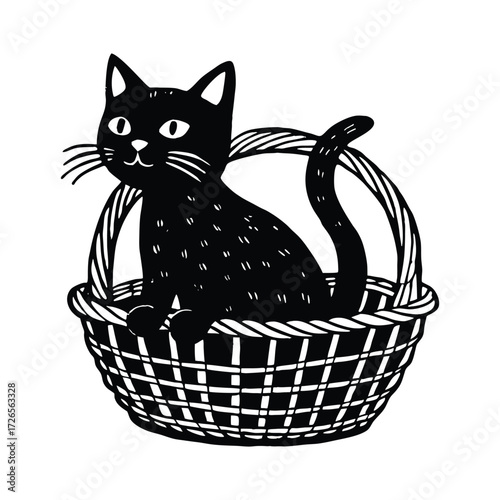 Black cat in woven basket silhouette cute