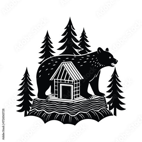 Black bear on wooden stump with hut and trees forest
