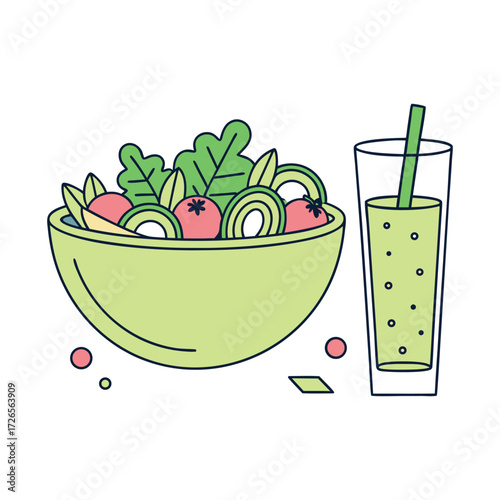 Healthy green salad in a bowl with sliced vegetables and a refreshing green smoothie in a tall glass with a straw representing a wholesome meal