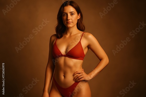Young Woman Wearing Red Bikini Standing Confidently in Studio with Warm Lighting