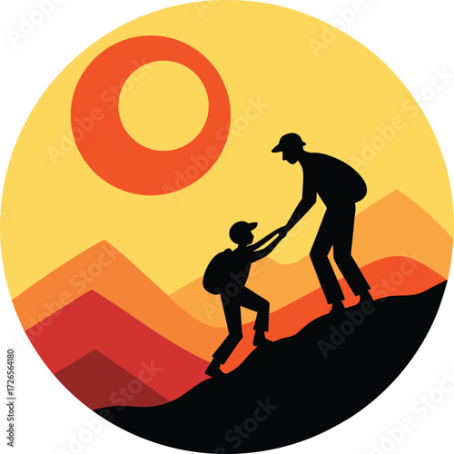 Silhouette of a father and son hiking together on a mountain trail at sunset with the sun setting behind them in a circular graphic