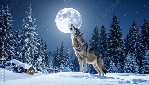 Majestic Wolf Howling at the Full Moon in a Snowy Forest