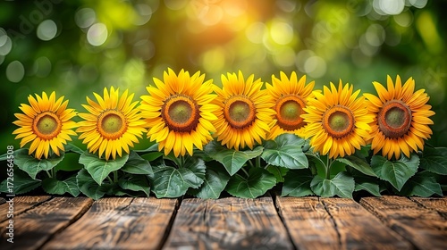 Gradient background with warm golden hues, blue undertones, and lush green foliage with sunflowers