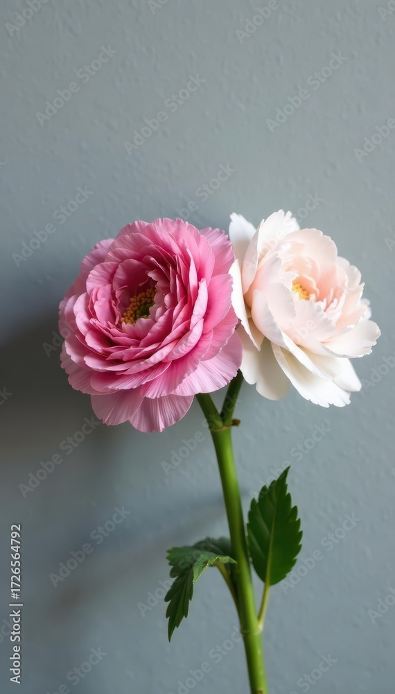 Fototapeta premium Delicate pink & white ranunculus bouquet against a grey textured wall , closeup, ranunculus